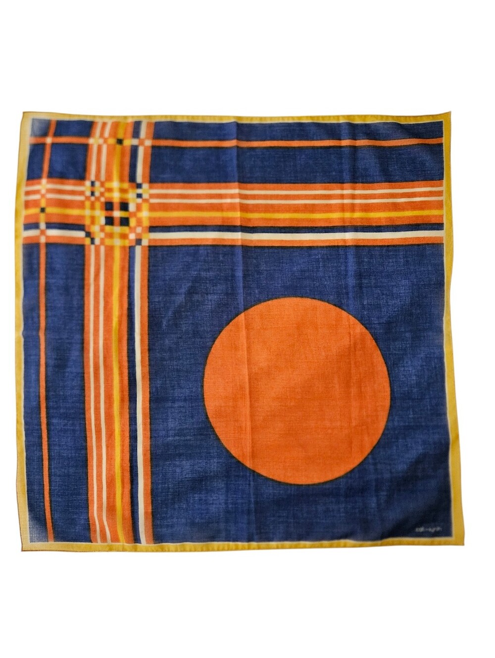 VTG COLL-SYNTH Modernist MCM Navy & Orange Geometric Sun Design Scarf | SZ 24"